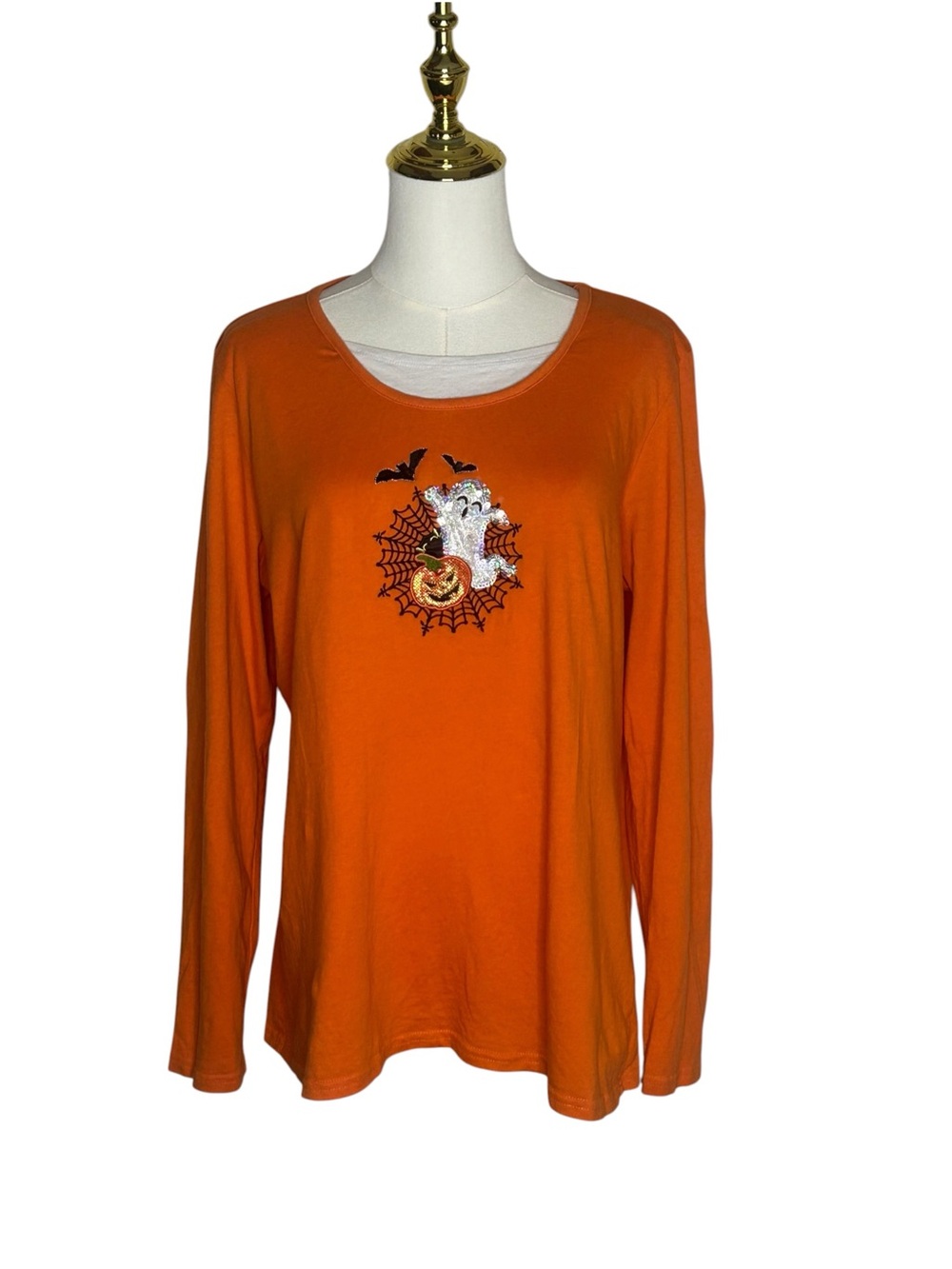 Holiday Editions Vintage Orange Halloween Spiderweb Ghost Long-Sleeve Tee Y2K